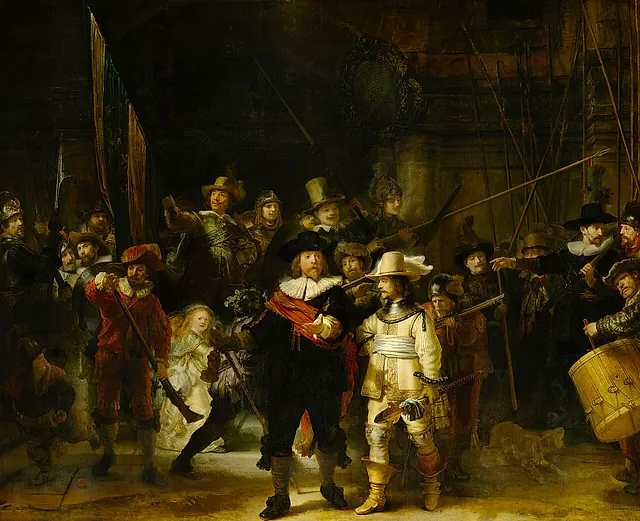 The Night Watch by Rembrandt (1642): the militia company of Captain Frans Banninck Cocq marching out, in dramatic light