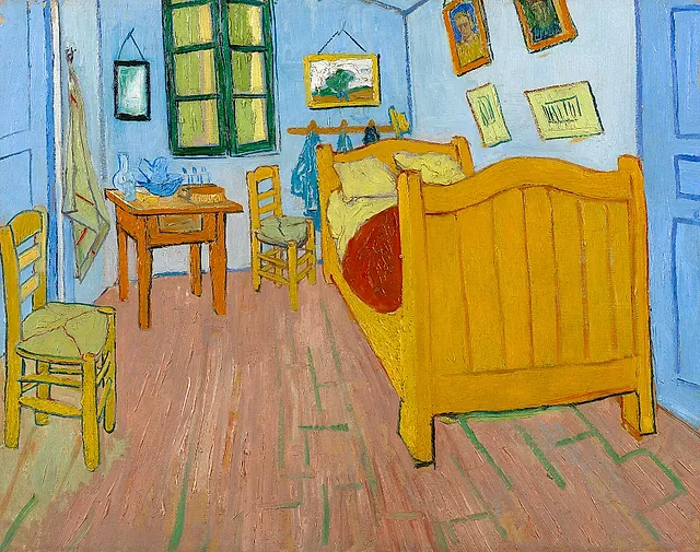 Bedroom in Arles by Vincent van Gogh (1888): a bed, two chairs and green shutters in a small yellow-walled room