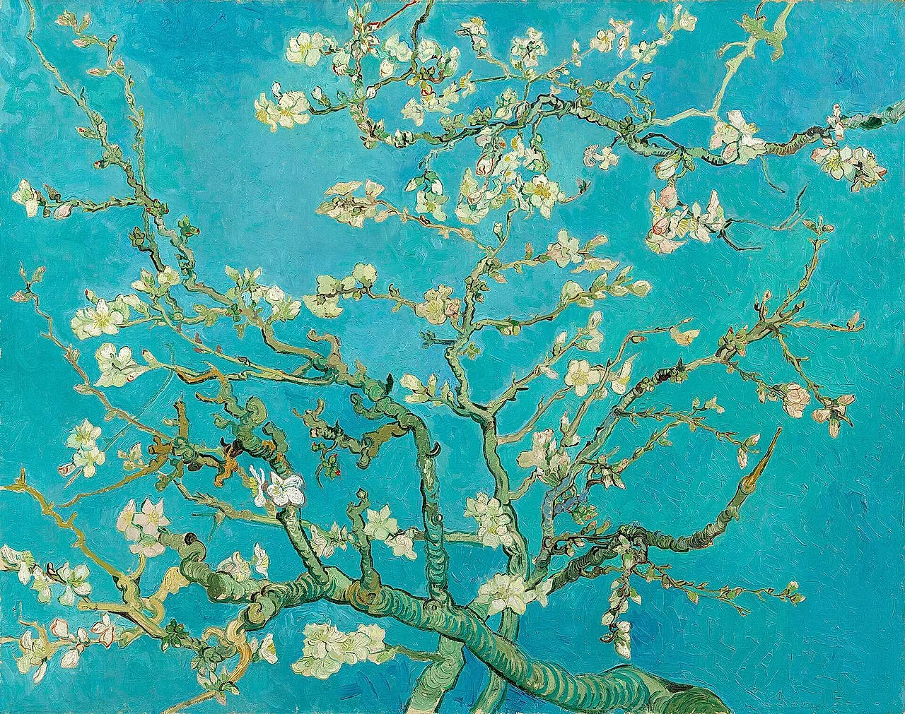 Almond Blossom by Vincent van Gogh (1890): white and pink blossoming branches against a pale blue sky