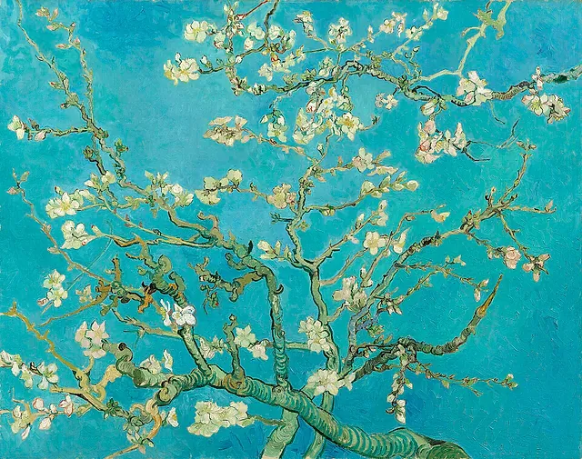 Almond Blossom by Vincent van Gogh (1890): white and pink blossoming branches against a pale blue sky