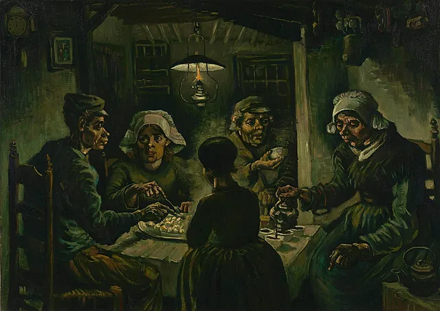 The Potato Eaters by Vincent van Gogh (1885): a peasant family around a table in a dim lamp-lit room